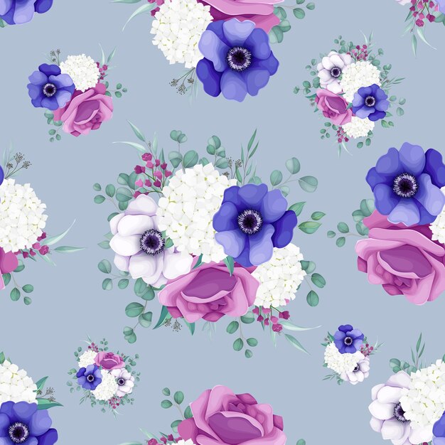 Botanical floral poppy anemone flowers and rose seamless pattern design