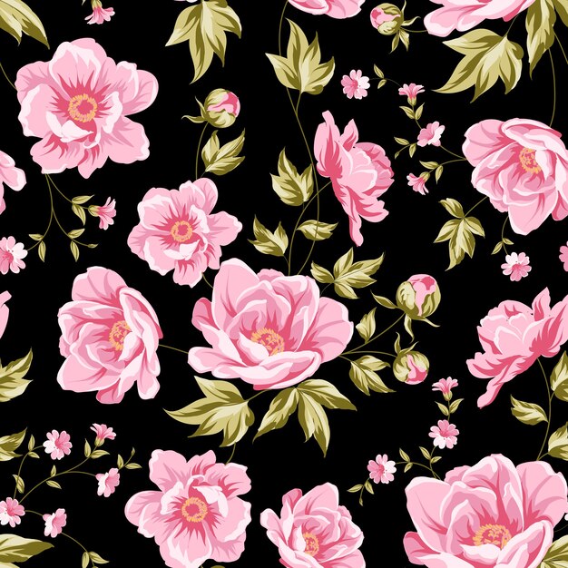 Botanical seamless pattern of blooming flower peonies.