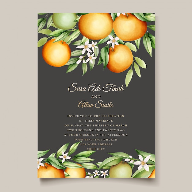 Free Vector botanical watercolor orange fruits wedding invitation card template