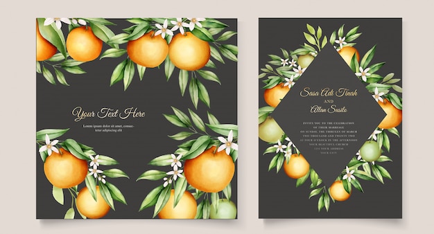 Free Vector botanical watercolor orange fruits wedding invitation card template