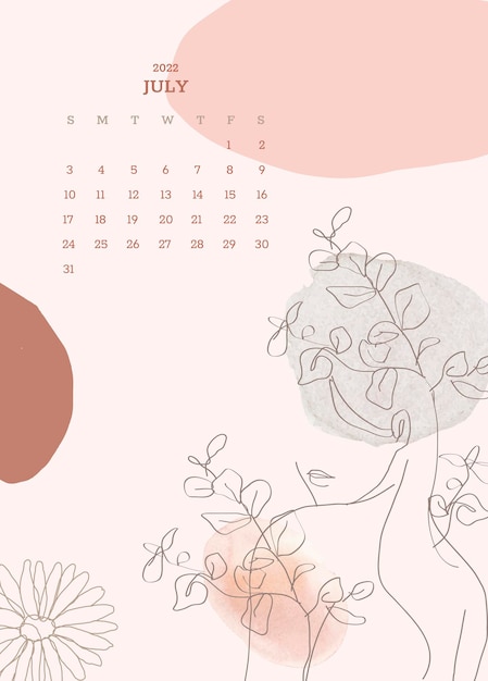 Botanical &amp; woman July monthly calendar editable background vector, feminine aesthetics