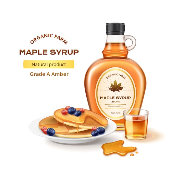 Free Vector bottle of organic maple syrup glass and plate with pancakes realistic composition vector illustration