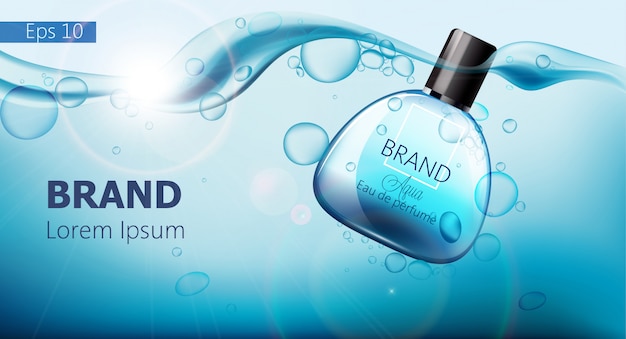 Free Vector bottle of perfume sinking in blue water with air bubbles