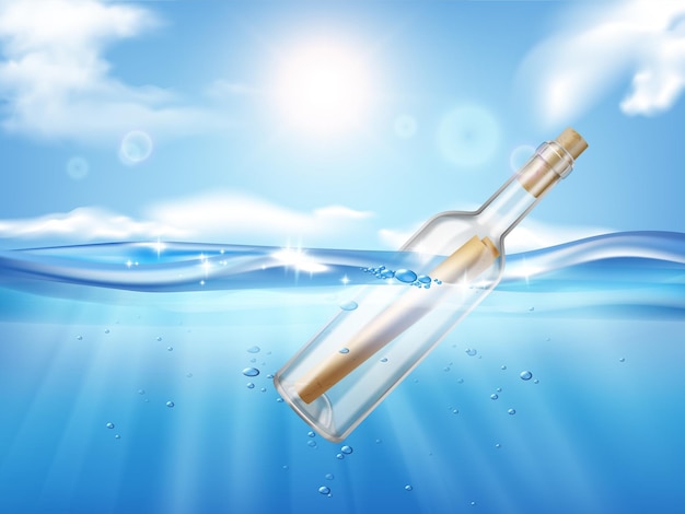 Bottle in wave realistic illustration