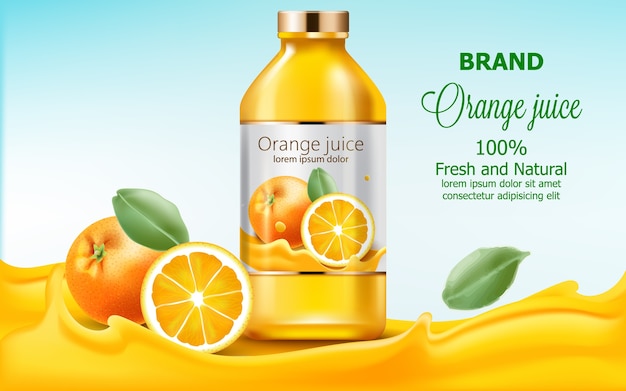 Bottle with fresh and natural juice submerged in flowing orange extract