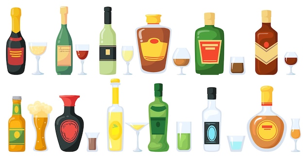 Bottles of alcoholic drinks with glasses illustration