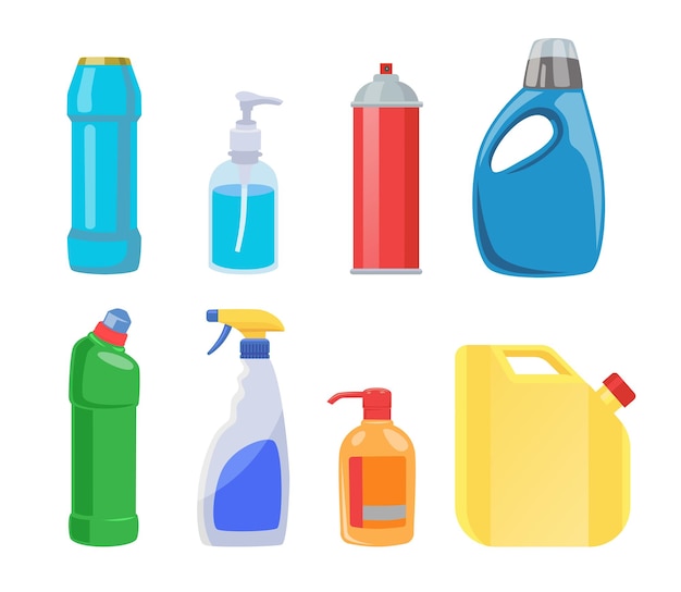 Bottles for cleaning products flat vector illustrations set. Plastic containers for liquid laundry detergent, soap, disinfectant spray, bleach isolated on white background. Hygiene, household concept