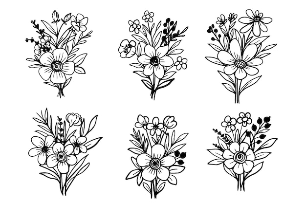 Free Vector bouquet flower and leaves line art ornament collection