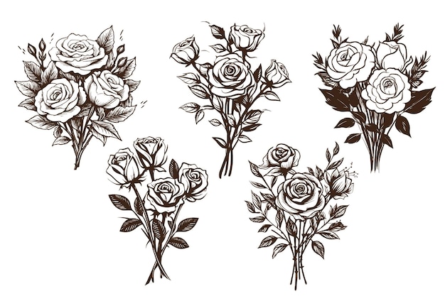 Free Vector bouquet of roses plant sketch collection