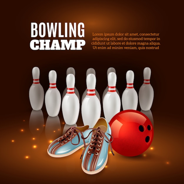 Free Vector bowling champ 3d composition from pins  red ball and shoes on dark with sparks