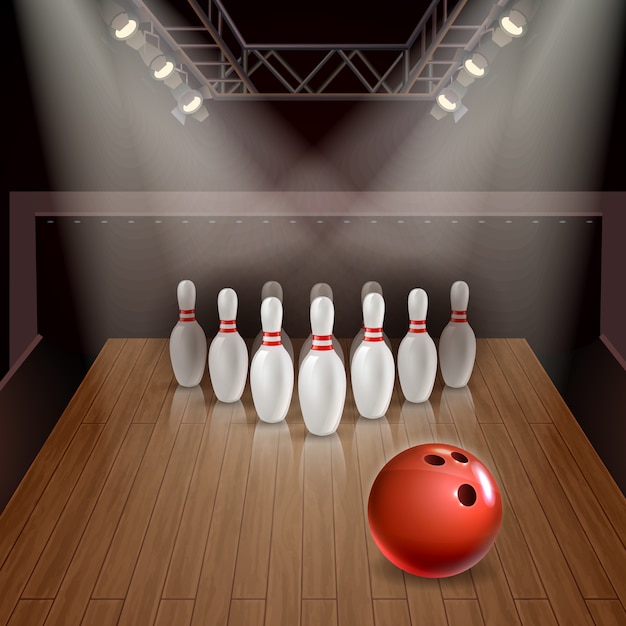 Free Vector bowling lane with exposed skittles and red ball under spotlights 3d illustration