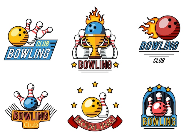 Bowling logos, labels or badges in flat line style.