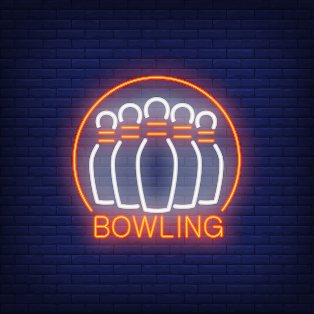 Free Vector bowling neon sign with skittles and round frame. night bright advertisement.