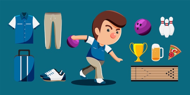 Bowling player cartoon and equipment set such as ball uniform lane pin trophy shoe