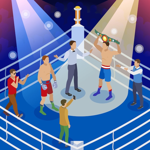 Free Vector box isometric composition with view of boxing ring with human characters of boxers referee and hosts