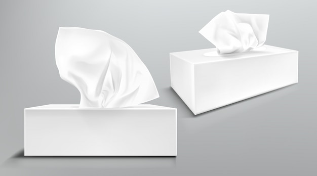 Box with white paper napkins front and angle view. Vector realistic mockup of blank cardboard package with facial tissues or handkerchiefs isolated