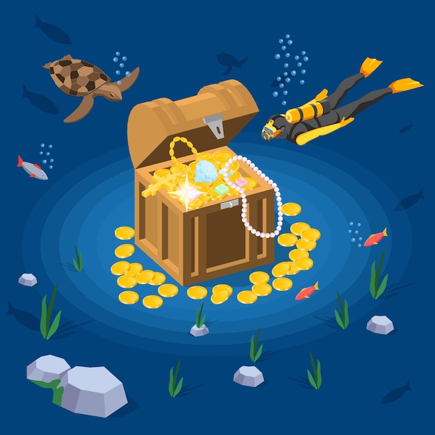 Free Vector boxes 3d composition with colorful underwater scenery turtle diver and treasure chest with coins and jewelry vector illustration