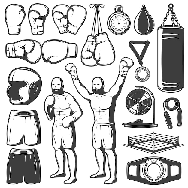 Boxing black white elements set with fighter sports clothing and equipment trophies isolated