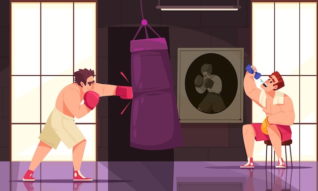 Free Vector boxing club colored composition two fighters are engaged in sports club with the punching bag vector illustration