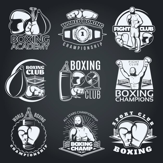 Boxing clubs and competitions monochrome emblems with sportsman gloves punching bags