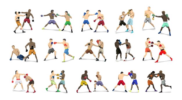 Boxing pairs set Set of boxers in outfit with gloves in sport poses on white background