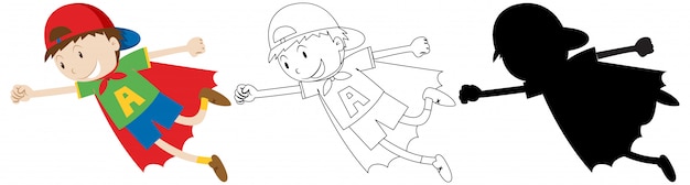 Free vector boy acting like a hero with its outline and silhouette