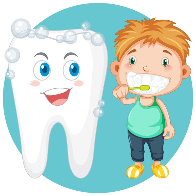 Boy brushing teeth next to healthy teeth