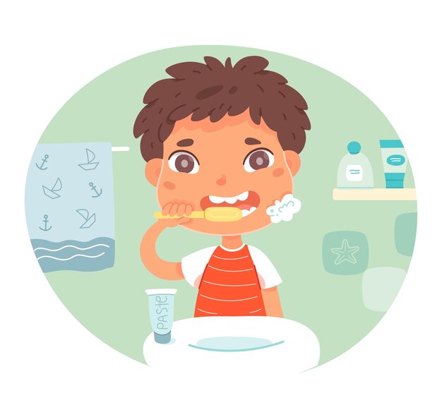 Boy brushing teeth standing near sink with tap in bathroom Everyday mouth hygiene routine