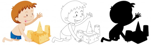 Boy building sand castle with its outline and silhouette