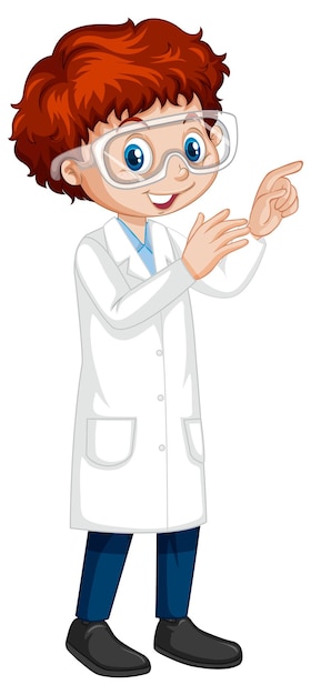 A boy cartoon character wearing laboratory coat