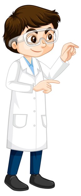 A boy cartoon character wearing laboratory coat