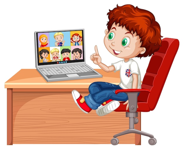 A boy communicate video conference with friends on white