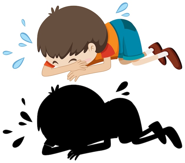 Free Vector boy crying on the floor with its silhouette