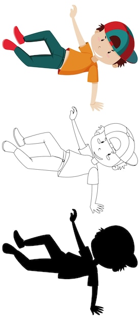 Boy dancing position in colour and outline and silhouette