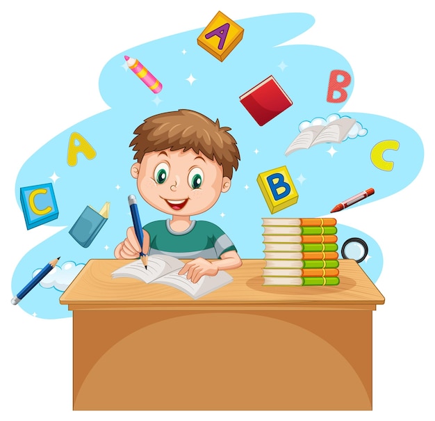 A boy doing homework with books on white background