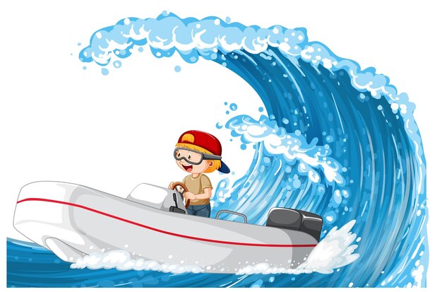 A boy driving boat on water wave