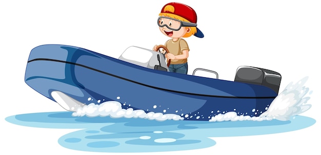 A boy driving motorboat in cartoon style