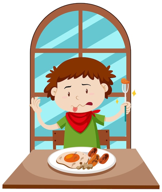 Free Vector boy eating bad food on dining table