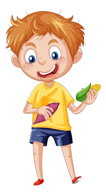 Free Vector a boy eating corn and taro