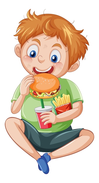 Free Vector a boy enjoy eating fast food