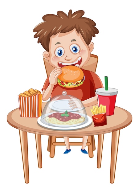 A boy enjoying junk food meal at the table