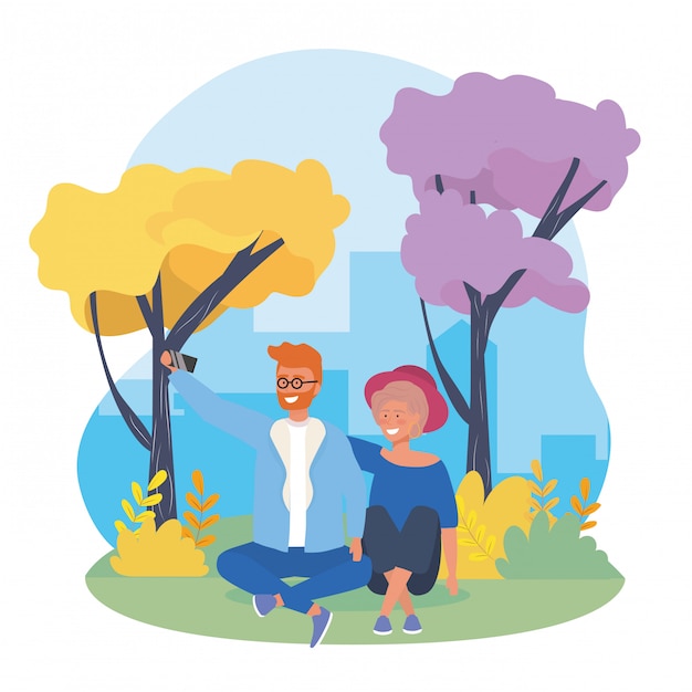 Free Vector boy and girl couple with trees and bushes plants