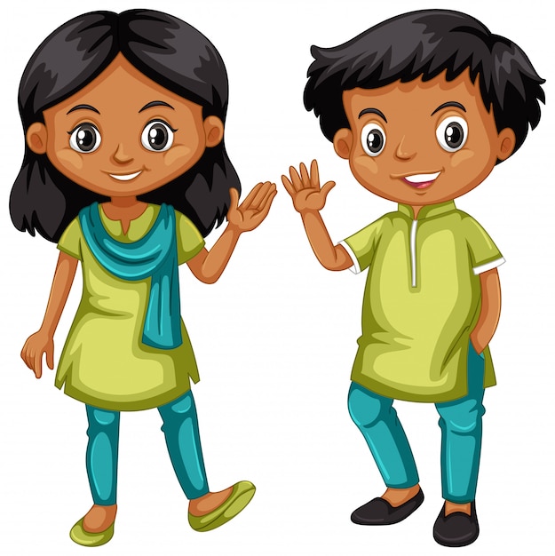 Boy and girl from India in green and blue outfit