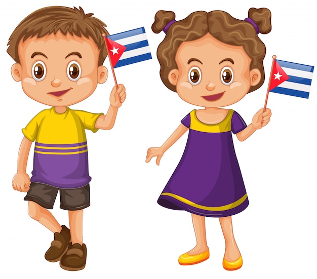 Free vector boy and girl holding flag of cuba