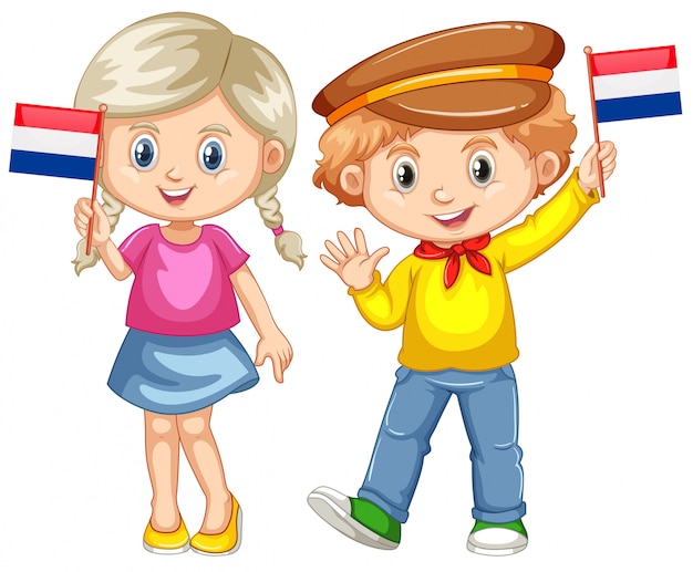 Boy and girl holding flag of Netherland