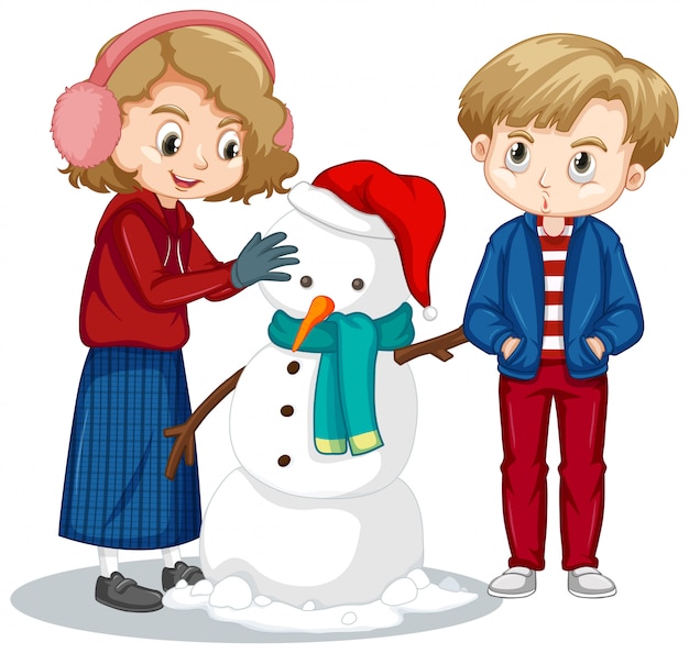 Free vector boy and girl making snowman on white