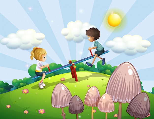 Free Vector a boy and a girl riding a seesaw