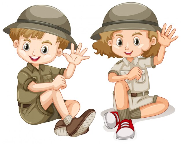 Boy and girl in safari outfit waving hello