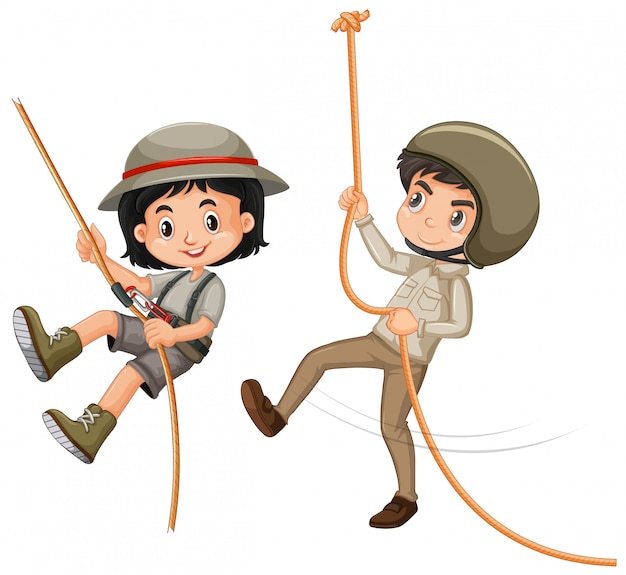 Boy and girl in safari outfit on white