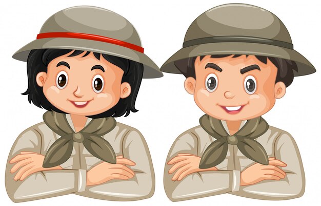 Boy and girl in safari outfit on white